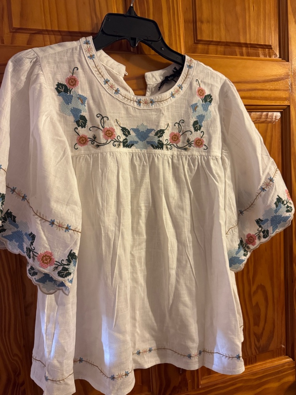 Solitaire White Peasant Blouse with Pink and Blue Floral Embroidery